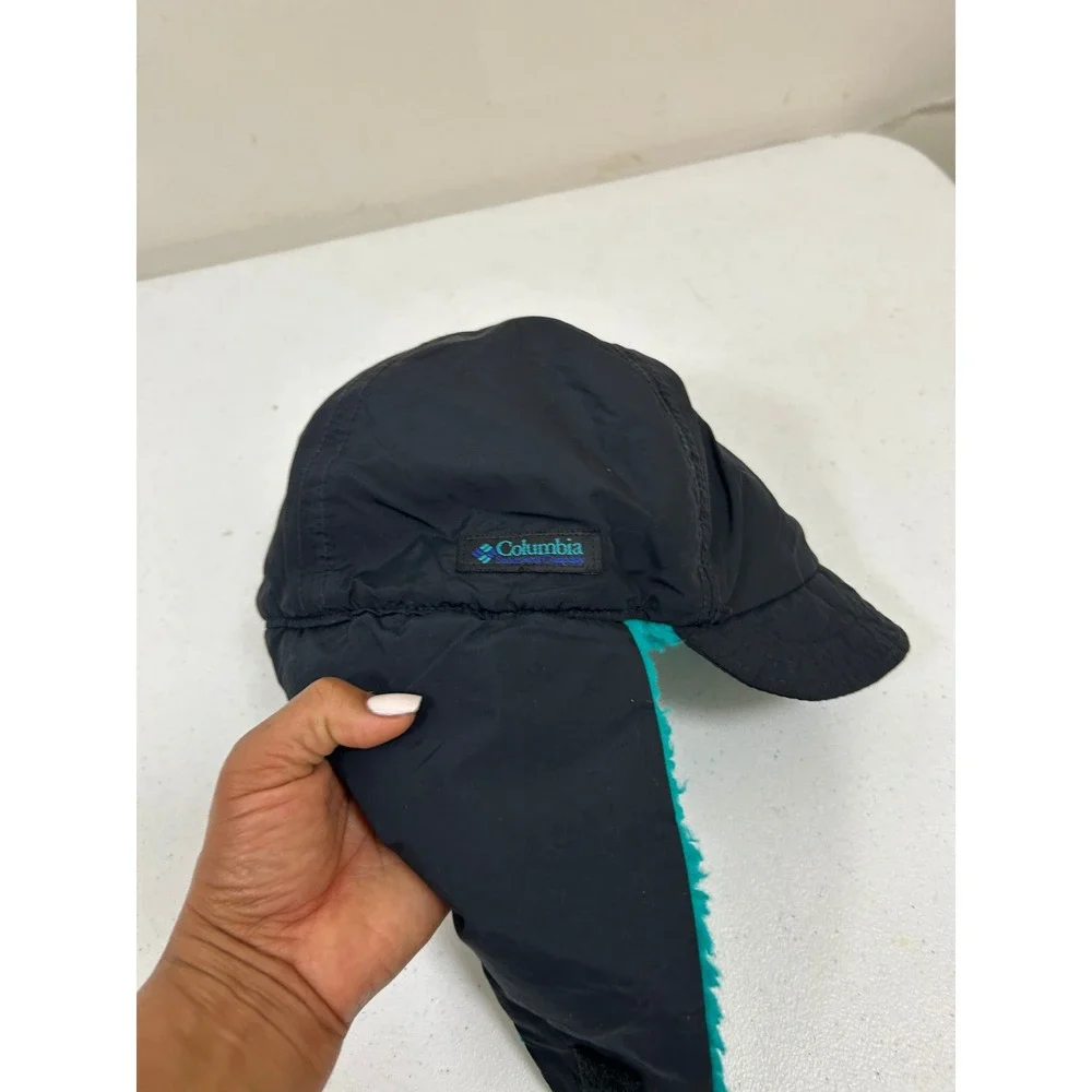 Vintage Columbia Sportswear Trapper Hat Black Teal Sherpa Lined Made‎ in USA S/M
